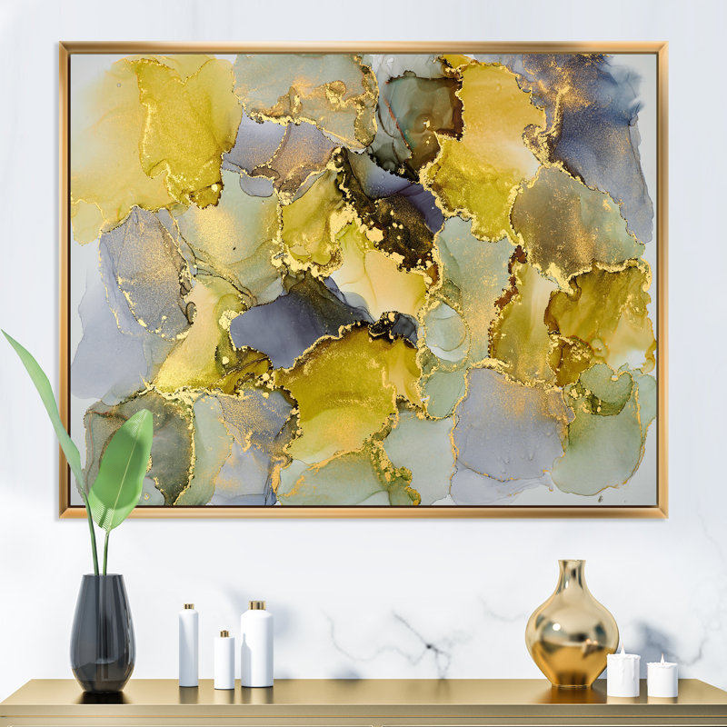 Vert luxueux abstrait fluide V - peinture sur toile, H 24 po x l 32 po x P 1 po, Cadre flottant doré