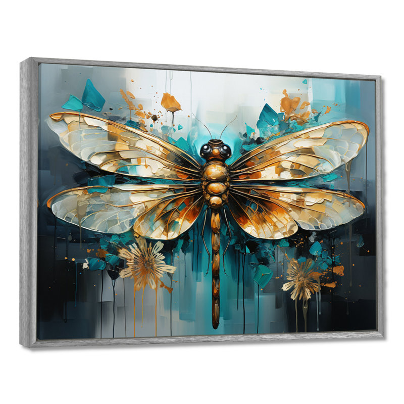 Bleu sarcelle, turquoise, libellule, gouttes I - Libellule, art mural, H 12 po x l 20 po x P 1 po, Encadrement argenté