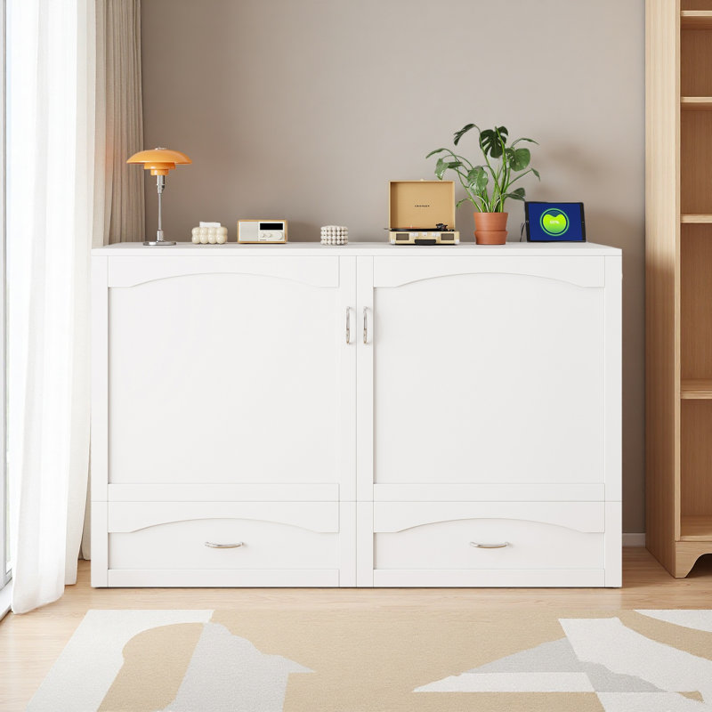 Lit escamotable Murphy avec tiroir et ensemble de prises et ports USB, structure à poulie, Grand lit, Blanc
