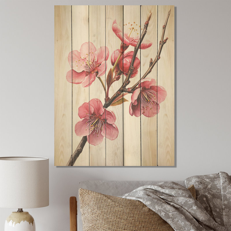 Cerises roses au printemps - Cerisier sur bois, H 32 po x l 24 po