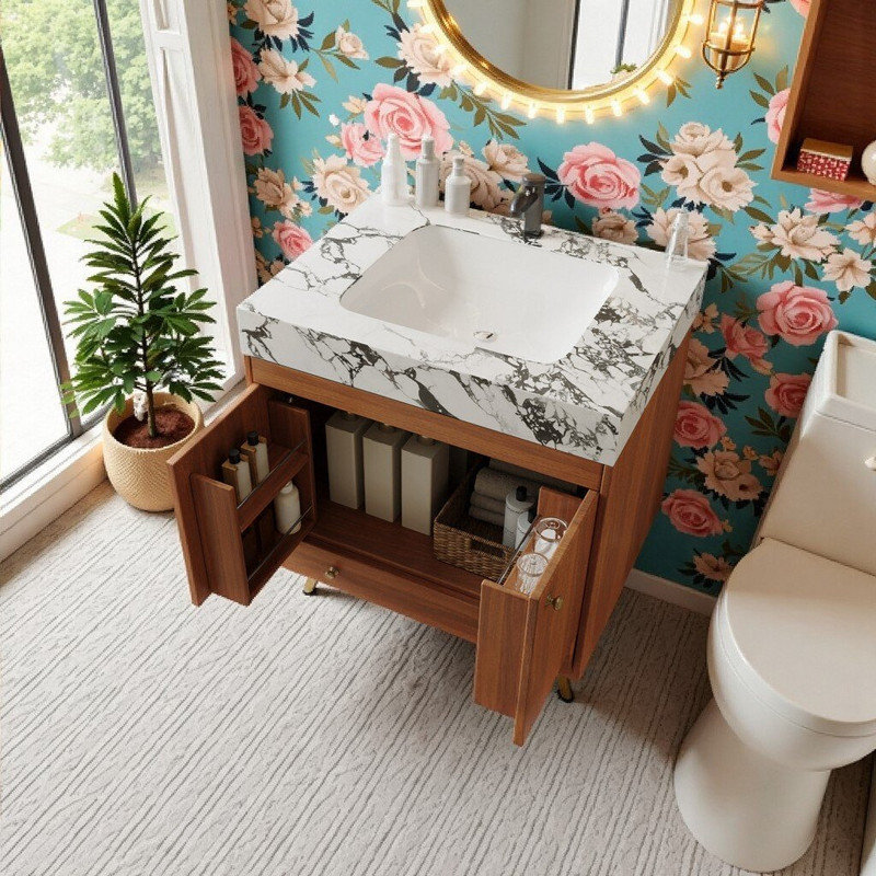 Meuble-lavabo de 30 po Lavara avec comptoir en pierre frittée et lavabo en céramique, base en bois d'ingénierie imperméable