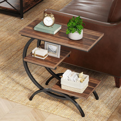 Table de bout en C en pouces, table d'appoint industrielle à 3 niveaux avec tablettes de rangement, petite table de collation pour canapé, chevet ou salon, structure en métal rustique