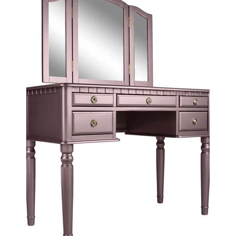 Meuble-lavabo de chambre en or rose avec miroir pliable, cinq tiroirs de rangement et un tabouret rond rembourré, combinaison en bois massif doré contemporain, structure en placage de bouleau