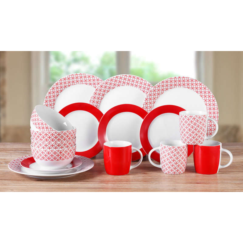 Waterside 16pc Geo Porcelain Dinner Set, Red