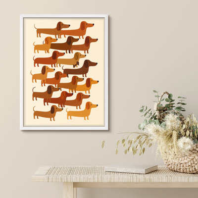 Dachshund Dogs Framed Print Wall Art - Playful Cartoon Wiener Dog Pattern in Warm Brown Tones, Whimsical Artwork for Kids' Room, Nursery, or Pet Lovers’ Decor