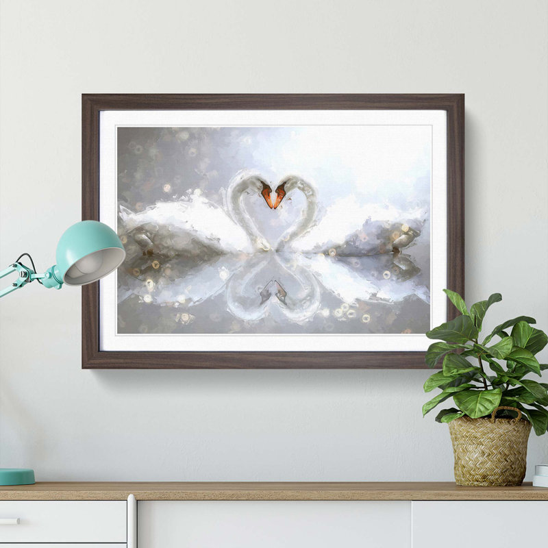 Swans Forming a Love Heart in Abstract - Picture Frame Graphic Art Print, 36cm H x 48cm W x 2cm D, Walnut Framed