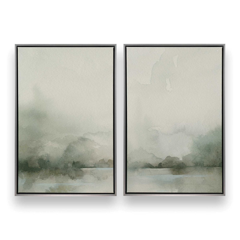 Ensemble de 2 impressions sur toile Mute Green Tranquility dans un cadre érable, 18 po x 12 po, H 31 po x l 42 po x P 1,75 po