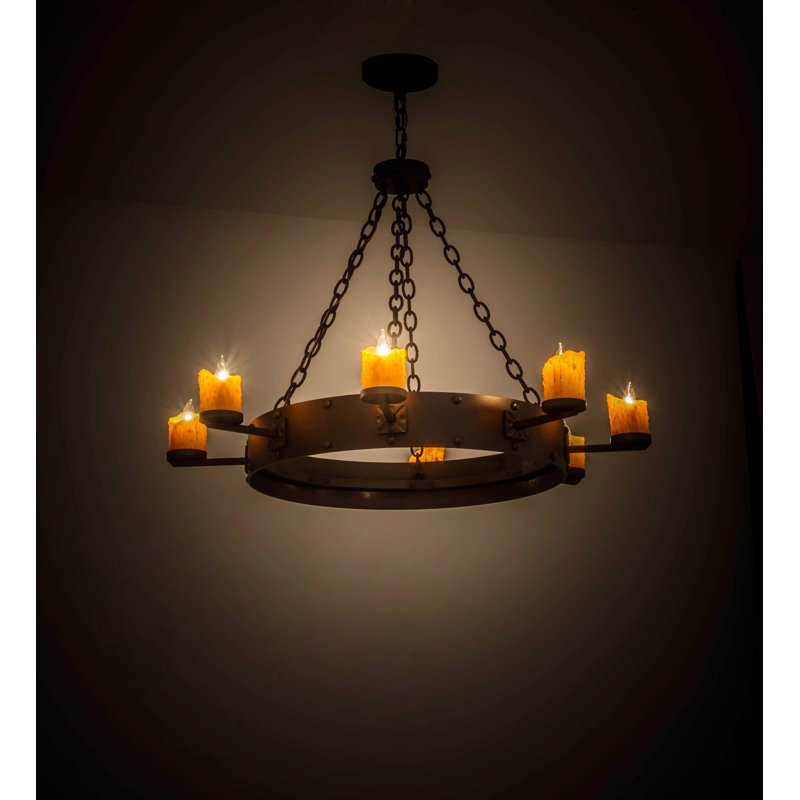 Kingston Rustic 8-Light Wagon Wheel Chandelier with Amber Faux Candles