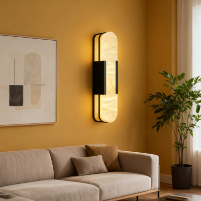 Alabaster Wall Sconce With Natural Marble Shade, Modern Fully Enclosed LED Wall Light For Bathroom, Living Room, Bedroom, And Hallway