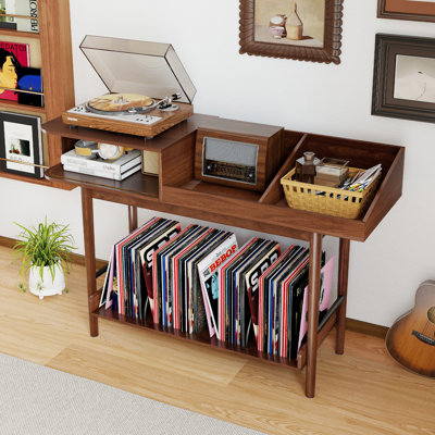 Large Record Player Stand, Vinyl Record Storage With Fluted Sliding Door, Media Turntable Stand, Stereo Cabinet With Door