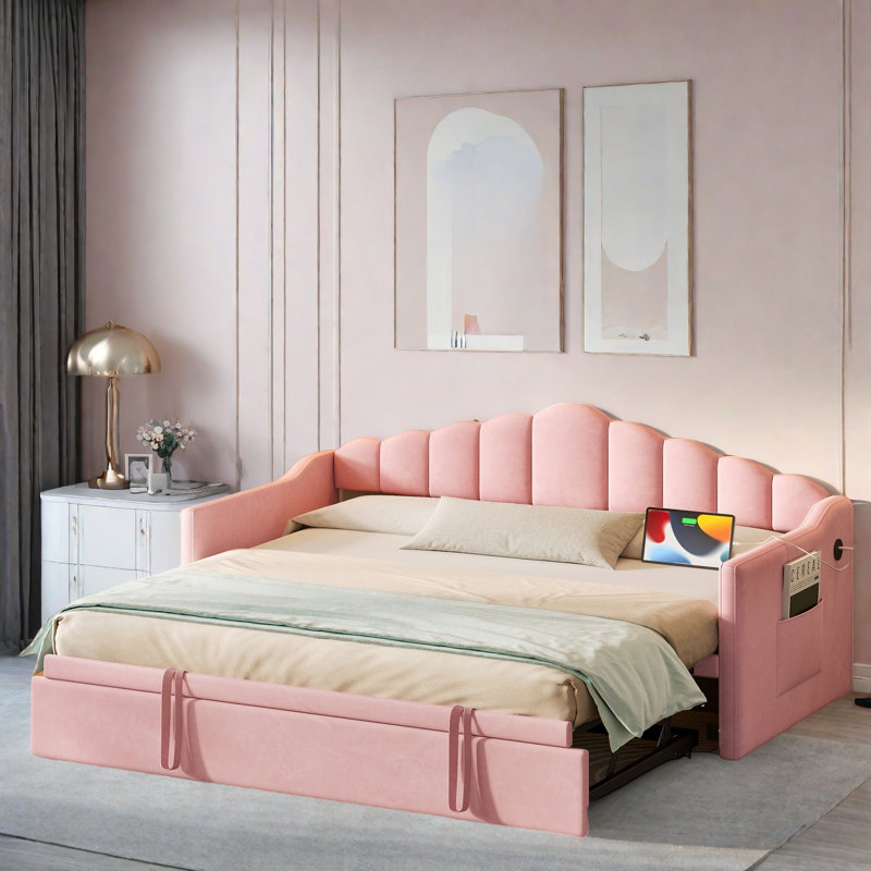 Upholstered Daybed With Pop Up Trundle, Charging Ports, 2 Side Pockets And Curved Backrest Design, Pink