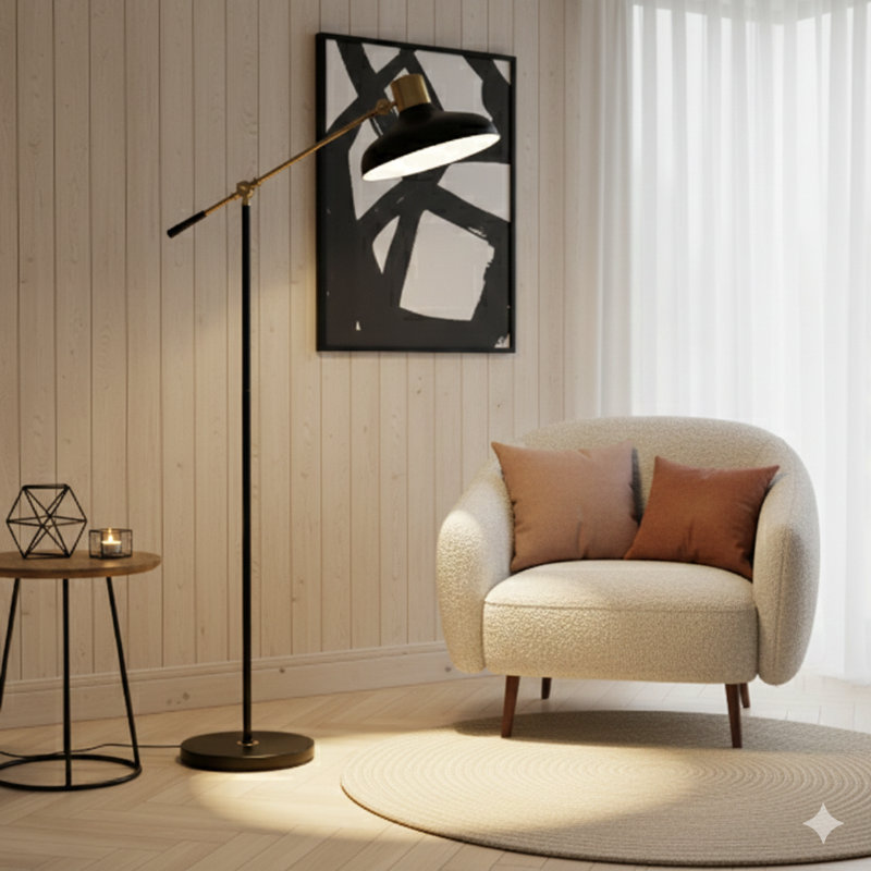 Adjustable Floor Lamps For Living Room, Standing Lamp For Bedroom With Balance Arm, Adjustable Head And Height, Tall Black And Gold Lamp (Bulb Not Included)