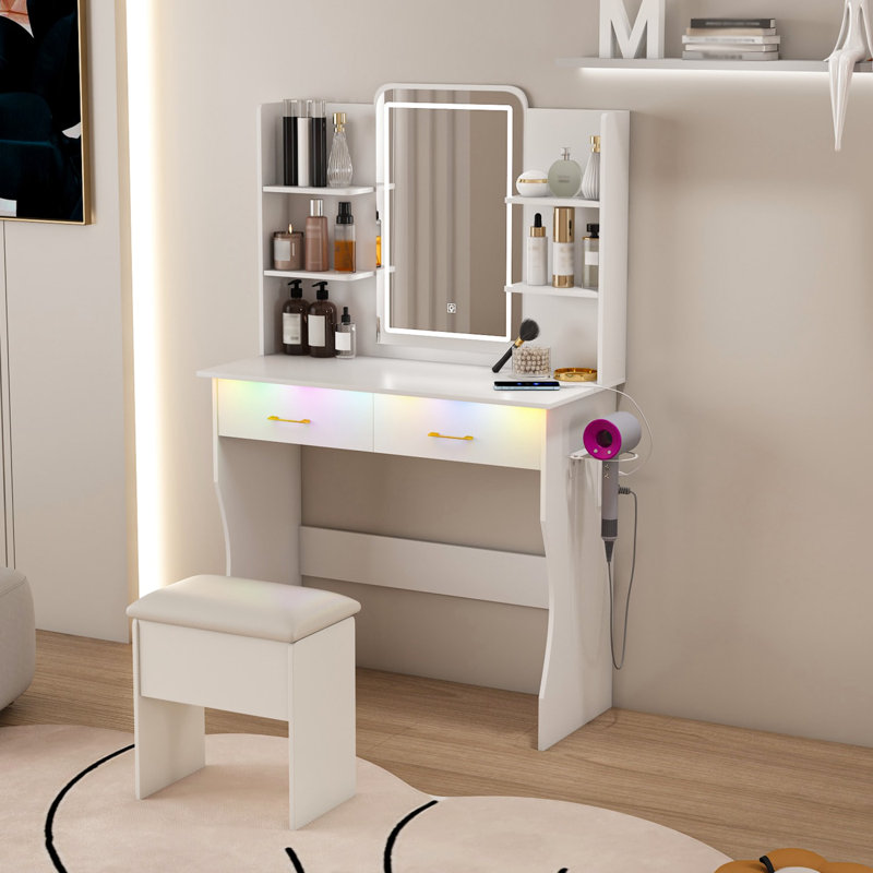 Bureau en bois avec miroir blanc