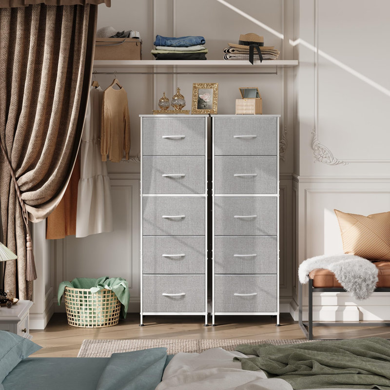 Fabric Dresser, 5-Drawer Tall Dresser for Bedroom, Storage Dresser Organizer with Fabric Bins, Wood Top, Sturdy Steel Frame, Chest of Drawers for Closet, Hallway