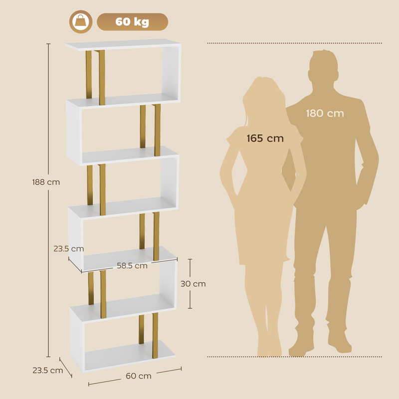 188 cm H x 60 cm W Steel Bookcase, White, Gold