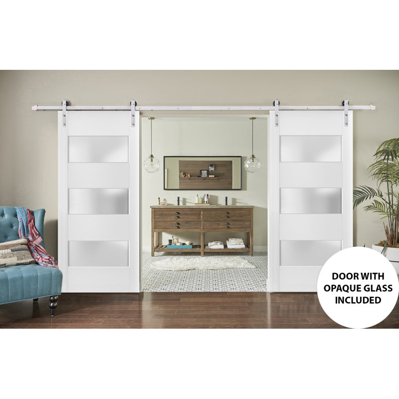 Porte de grange double robuste avec verre givré 3 lumières | Lucia 4070 soie blanche | Ensemble de 13 cintres lourds pour rail | Portes intérieures à panneau plein - Rail argenté