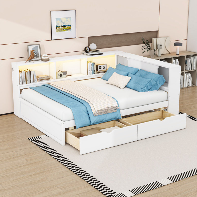 Queen Size Wood Daybed with LED Lighting and Built-In Storage, USB Charging Ports, White