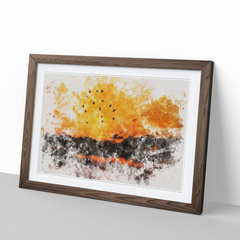 Birds and Orange Sunset - Picture Frame Graphic Art, 27cm H x 36cm W x 2cm D, Walnut