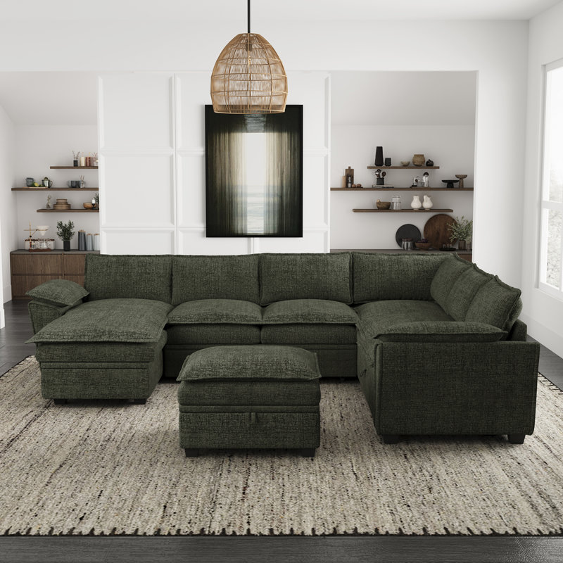 Canapé-lit modulaire en U en chenille Luna, Chenille verte