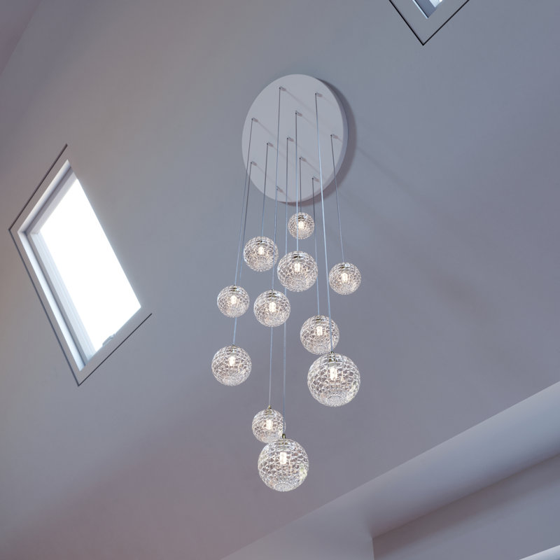 Breeze 11 Clear Glass Pendants Chandelier, Brass, 84"