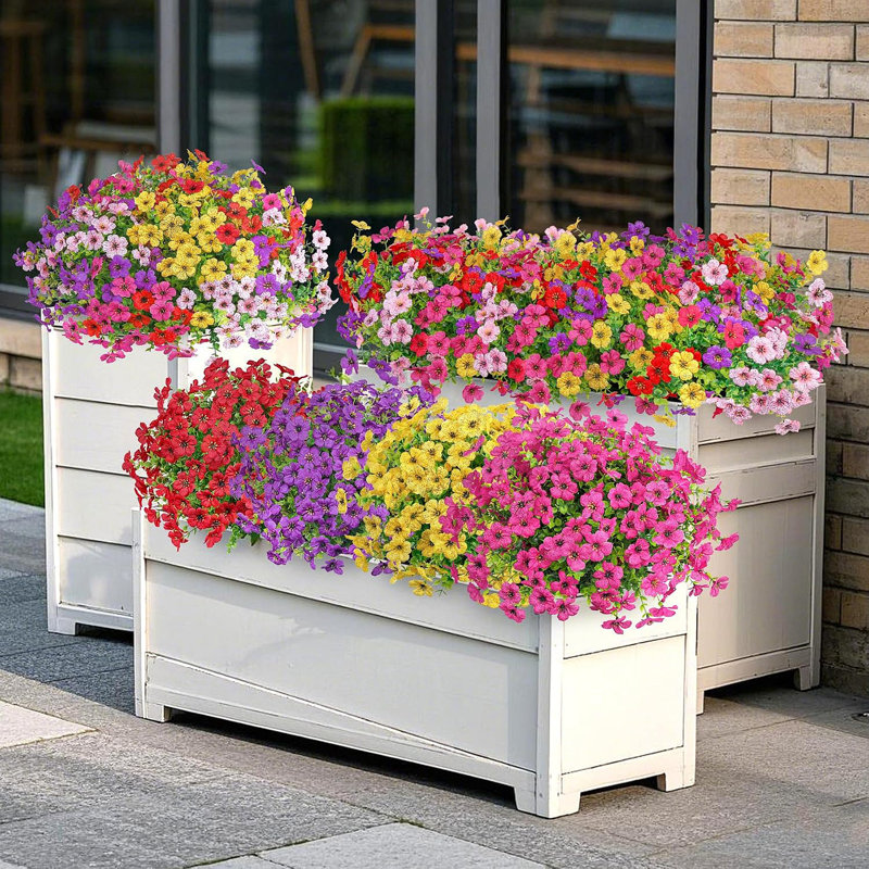 24 Bundles Artificial Flowers UV Resistant Outdoor Decor - Silk Daisy & Eucalyptus Faux Plants For Spring Summer Garden, Porch, Window Box, Vase & Table, Indoor Outdoor Home Decoration