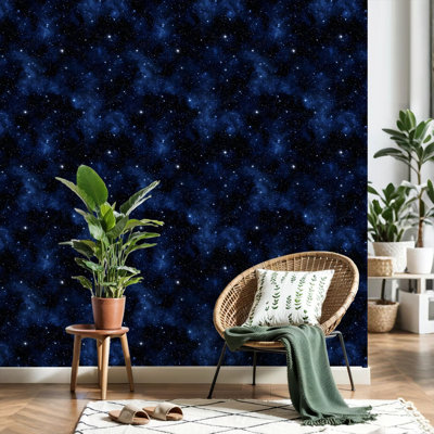 Papier peint adhésif peler et coller ciel étoilé scintillant étoiles nébuleuses bleu foncé papier de contact amovible auto-adhésif mural pour armoires de cuisine de chambre à coucher 17,7 po x 118 po