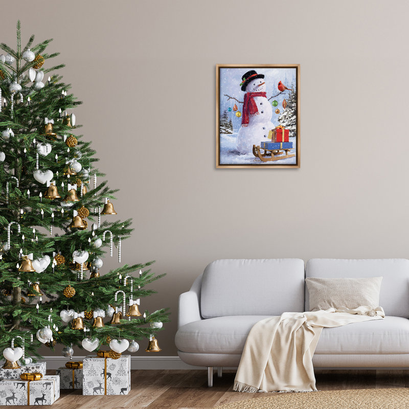 «Snowman With Gift Sled» par Jason Kirk sur toile, Cadre flottant orme Montalcino, H 31 po x l 25 po