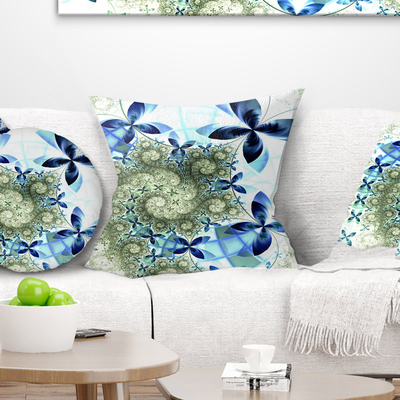 Fleurs fractales bleues et vertes - coussin à imprimé floral, 18 po x 18 po, Coussin décoratif
