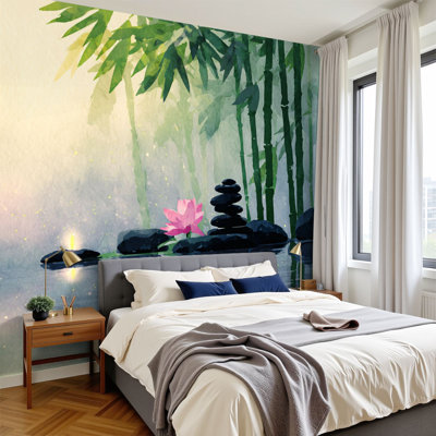 Papier peint pelez et collez Seren Bamboo Zen Garden Lotus Candle Tranquil Water Reflection Wall Wallals
