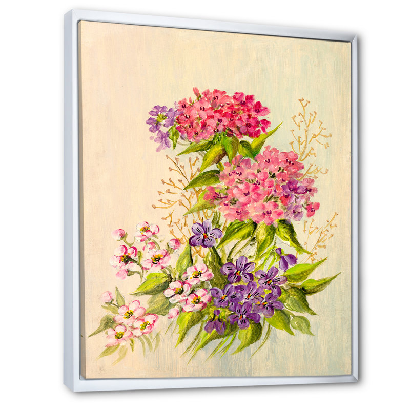 Nature morte de fleurs roses et mauves - peinture sur toile, H 12 po x l 8 po x P 1 po, Toile à cadre flottant blanc