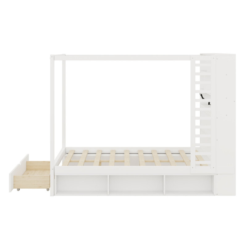 Cadre de lit à baldaquin avec tête de lit bibliothèque, port USB, éclairage DEL et rangement sous le lit, Queen, White