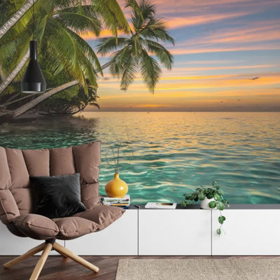 Tropical Palm Trees Sunset Lagoon Wall Mural for Home Decor