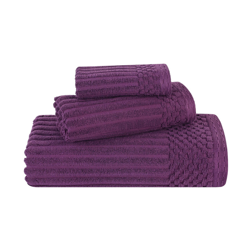 Soho Spa Highly Absorbent Cotton 3 Piece Assorted Size Checkered Border Towel Collection, Purple
