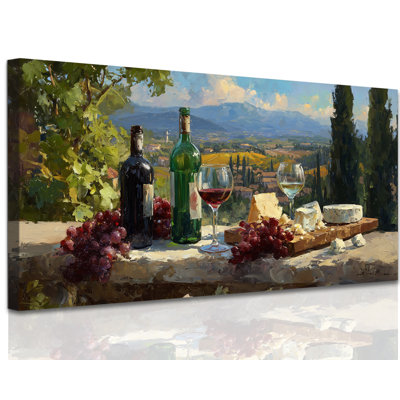GUTTATY Wine Wall Art Rustic Vineyard Wine Art Wall Decor Serene Countryside Painting Cheese Grapes Artistic Canvas Wall Decor Picture for Kitchen Dining Room Bar, 20x40 inches