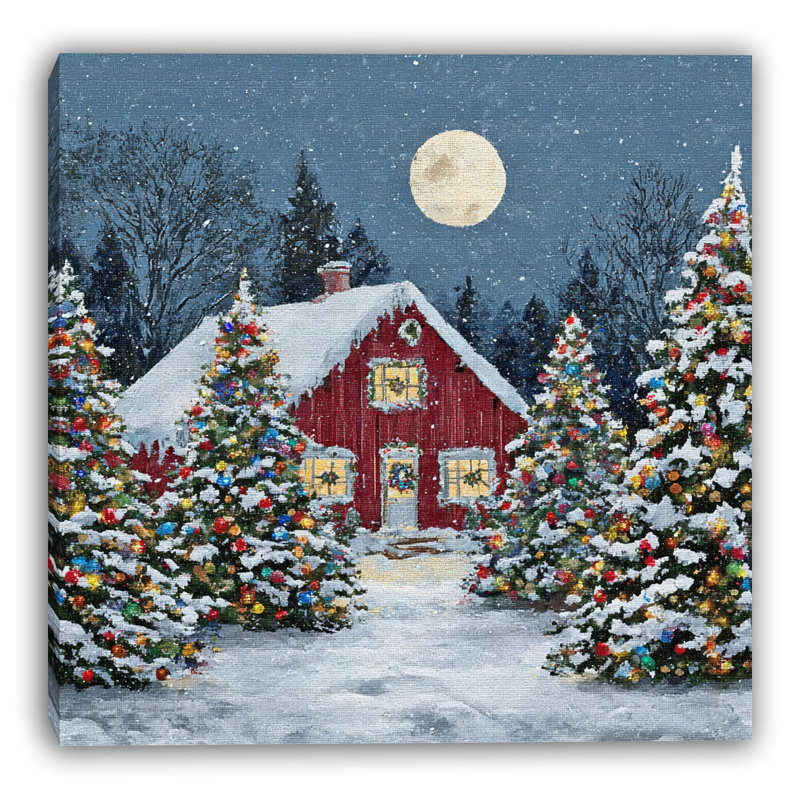 «Red Barn Holiday Trees», art mural sur toile tendue, H 30 po x l 30 po