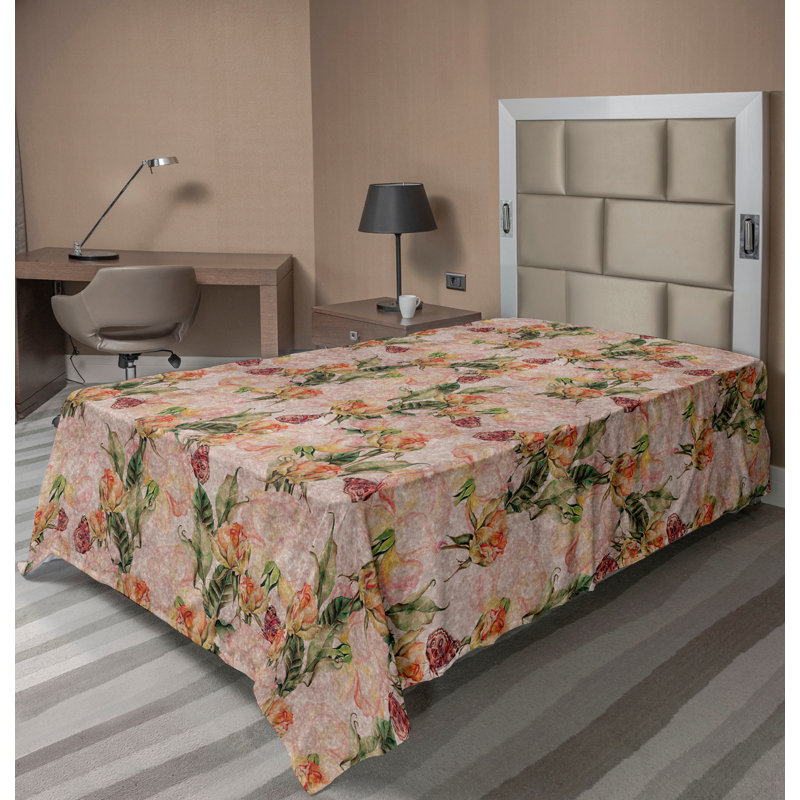 Ambesonne Flowers Flat Sheet Nostalgia Farmhouse, Peach and Olive Green