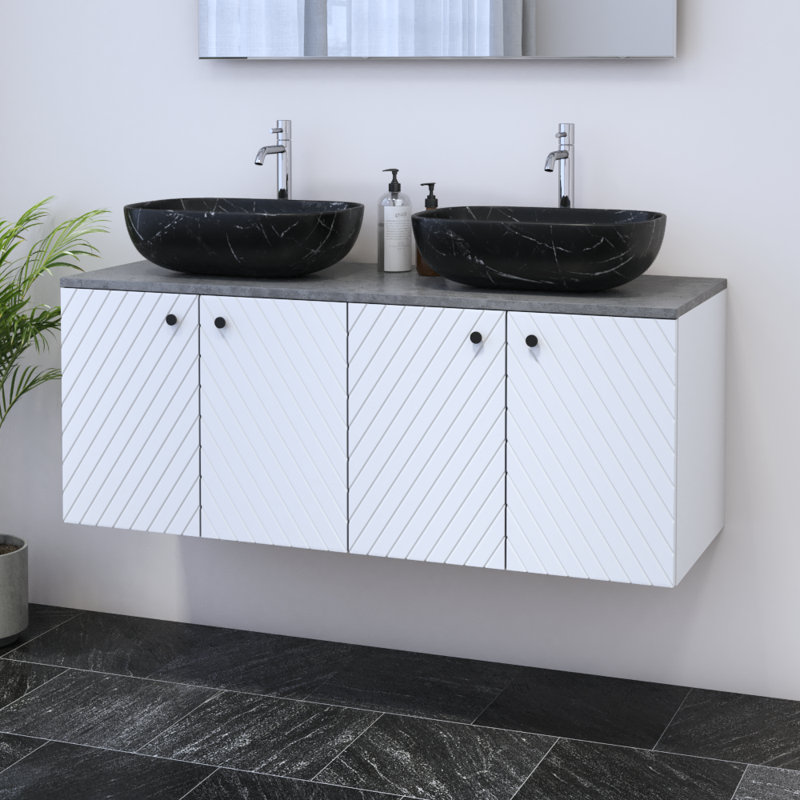 Meuble-lavabo double 47,2 po avec plateau en bois manufacturé Karaya, Béton, Noir