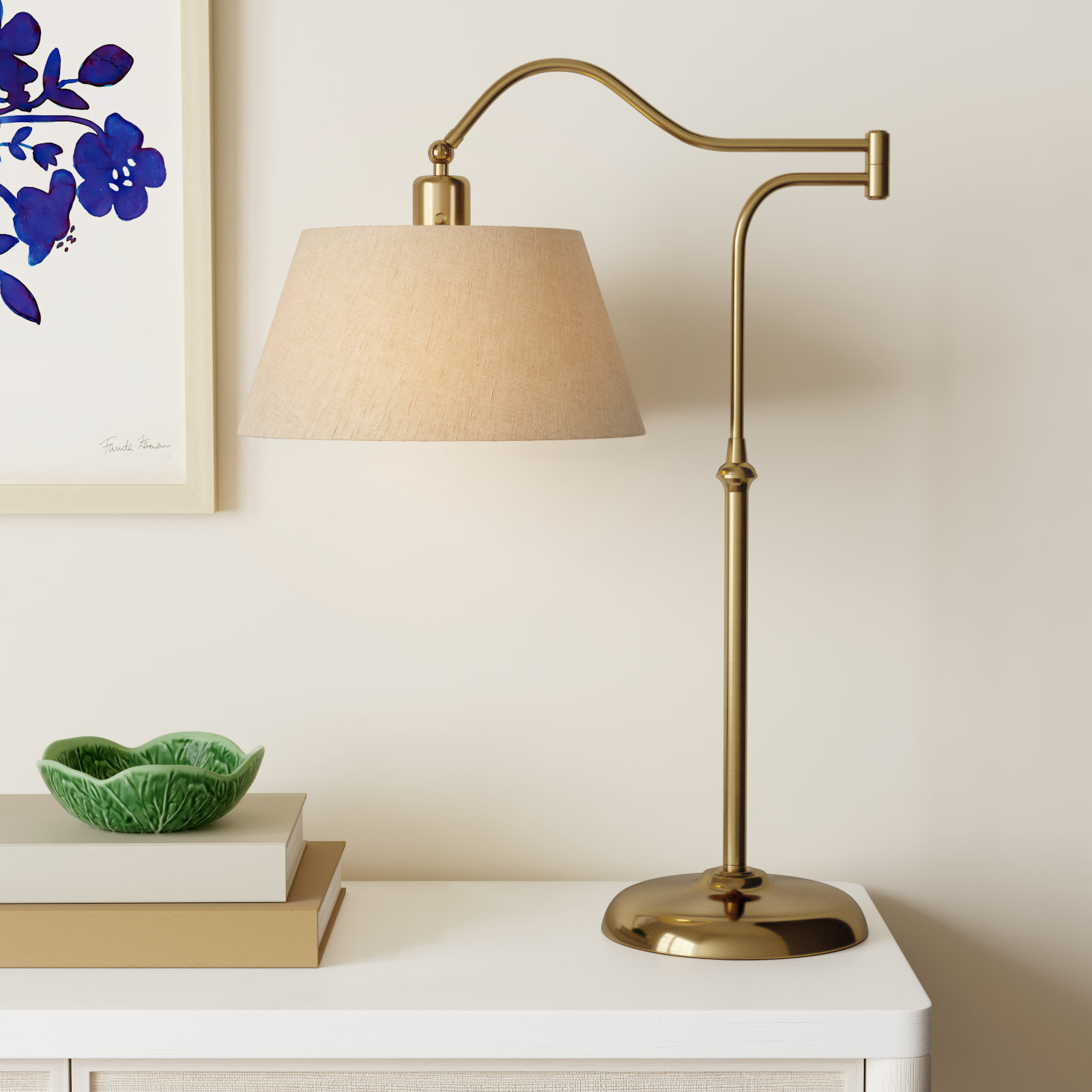 Theodora Adjustable Metal Arched Lamp, Cream, 27" H x 12.5" W x 25" D, Antique Brass