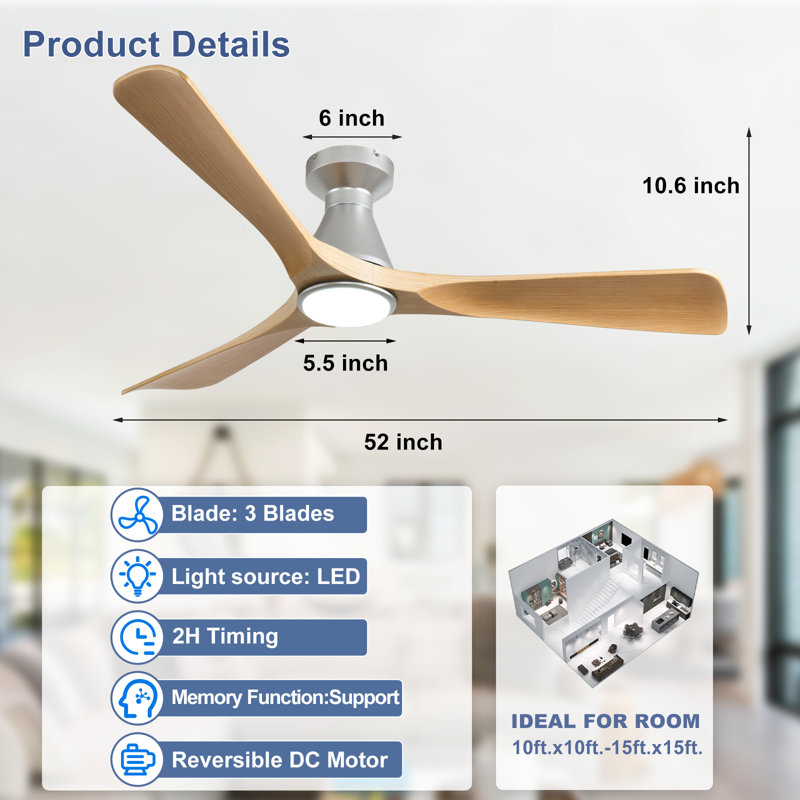 Ventilateur de plafond encastré à profil bas de 52 pouces en bois, 3 pales, avec éclairage et télécommande ; ventilateur intérieur/extérieur à intensité variable avec télécommande, moteur CC silencieux et minuterie.