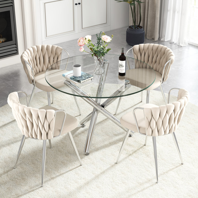 Elegant Round Glass Dining Table Set, Beige,  3 Pieces: Table, 2 Chairs, Silver