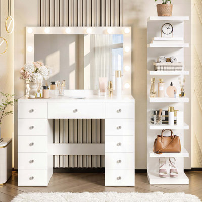Vanity Desk with 12 Hollywood Bulbs, 7-Tier Shelf & 11 Drawers