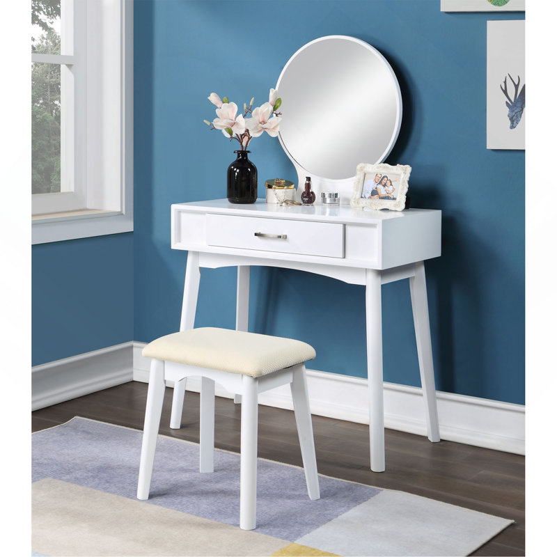 Ensemble coiffeuse et tabouret contemporain en bois avec tiroir, Blanc
