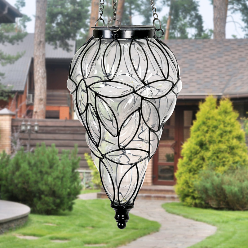 Lanterne suspendue en forme de larme solaire en verre et en métal avec 15 guirlandes de lumières DEL blanc froid Exhart, 7 x 24 po Exhart