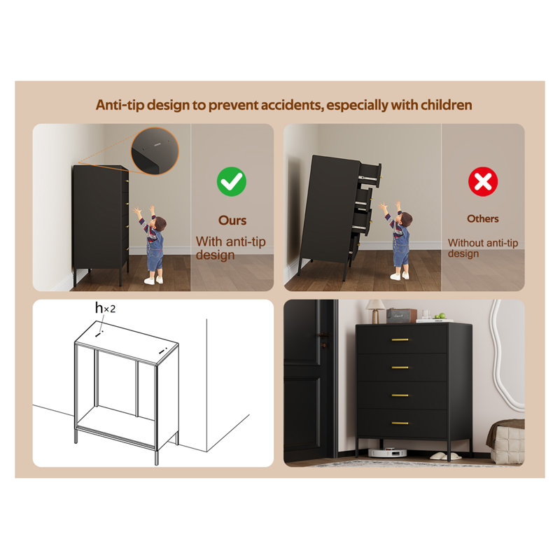 Metal 4-Drawer Cabinet, Multifunctional Dresser & Storage Locker(black), Black