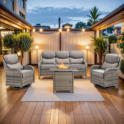 Mobilier d'extérieur à haut dossier avec coussins très épais de 6 pouces, ensemble de meubles de patio avec table de foyer et chaises pivotantes, ensemble de conversation en osier 4 pièces pour cour, terrasse et bord de piscine
