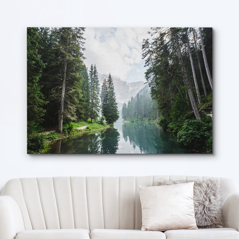 Forêt d'automne verte avec reflet du lac, H 24 po x l 36 po x P 1,5 po, Toile tendue