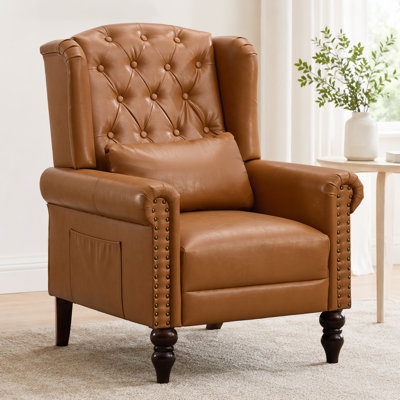 Fauteuil à oreilles Orofino, fauteuil de style Mid-Century moderne avec garniture cloutée, canapé simple rembourré avec pieds en bois massif pour le salon, la chambre à coucher