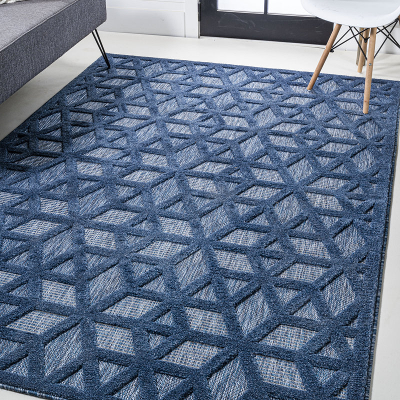 Arionna Neutral Geometric Navy Indoor/Outdoor Rug, Rectangle 3'1" x 5'