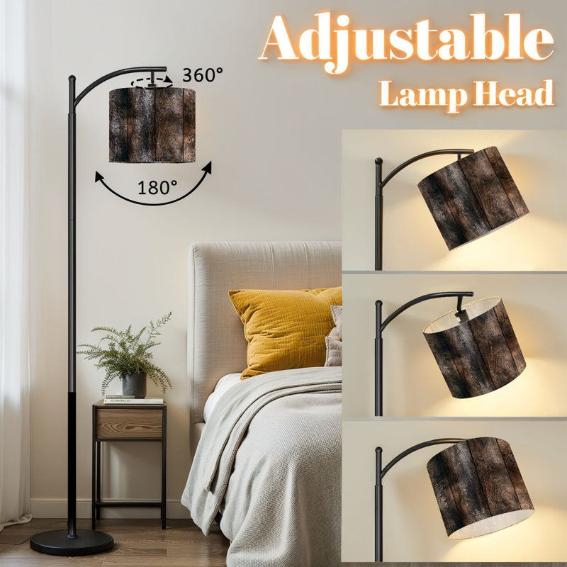 Lampe sur pied à arc avec abat-jour réglable Texture de planche de bois foncé rustique Motif de grain naturel Lampe sur pied 3 températures de couleur Lampe à poteau haut à intensité variable avec interrupteur au pied pour la chambre à coucher