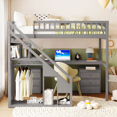Twin Size Loft Bed With Two Chest Of Drawers, Desk And Light Strip, Gray